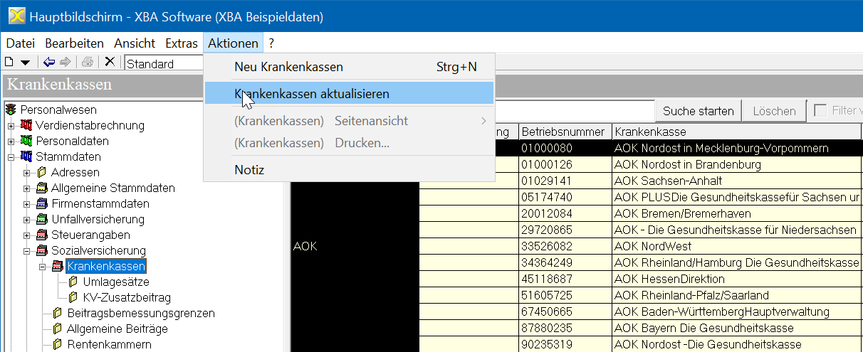 Krankenkassen aktualisieren im XBA Personalwesen